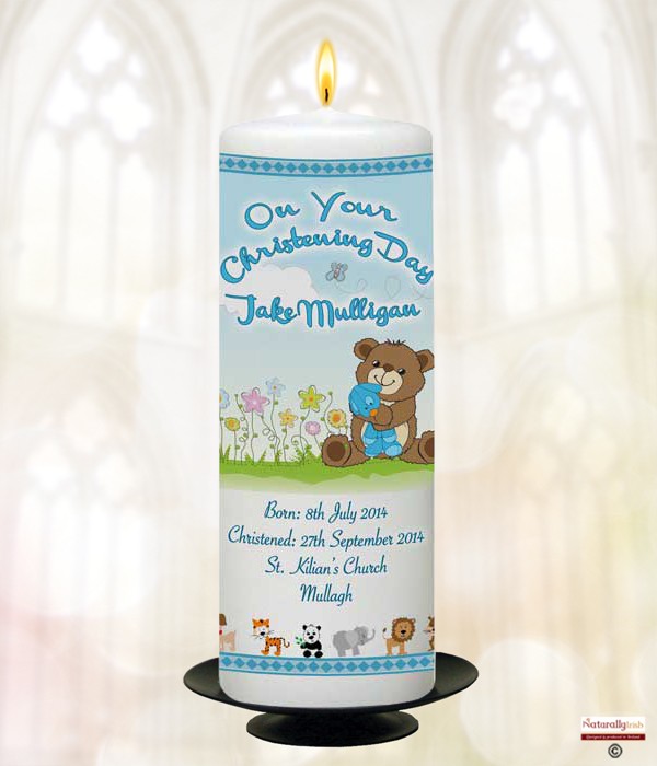 Cute Teddy & Flowers Blue  Candle