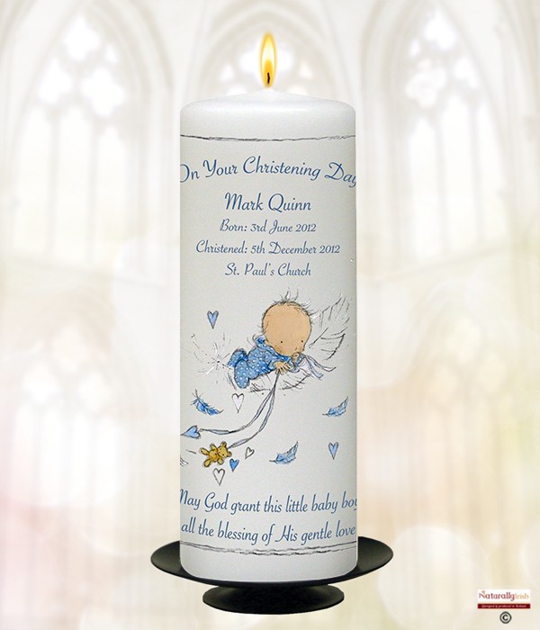 Feather Baby Boy Christening Candle