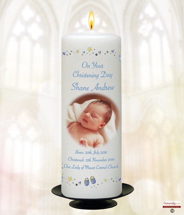 Stars & Hearts & Photo Boy Christening Candle