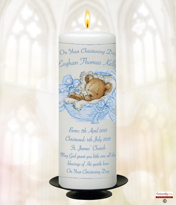 Teddy in Basket Blue  Candle