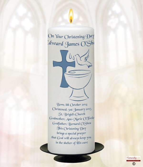 Font, Dove & Cross Blue  Chrstening Candle