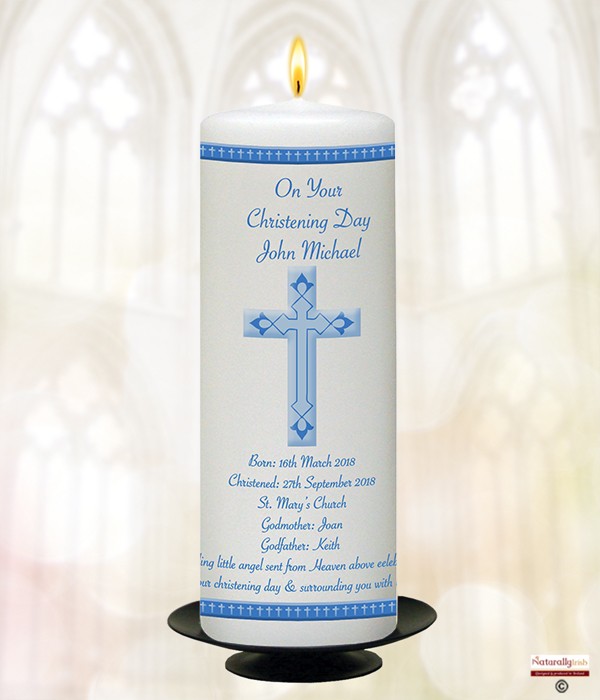 zModern Cross Blue Christening Candle