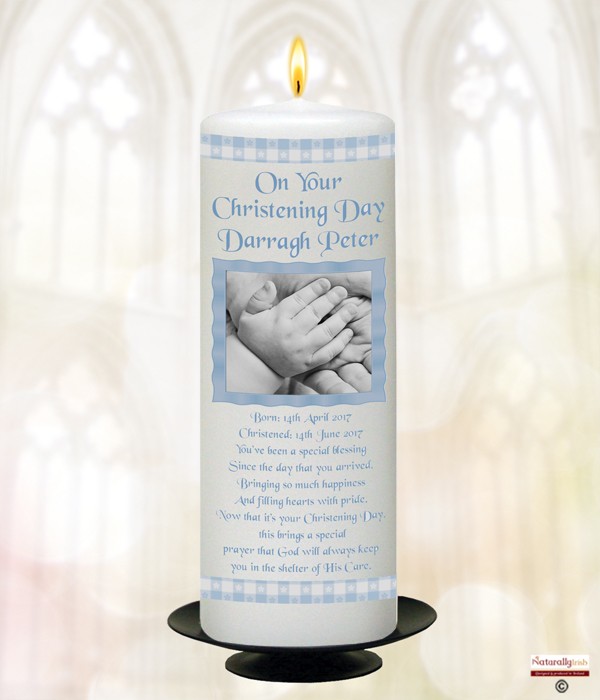 Hand & Gingham Boy Christening Candle