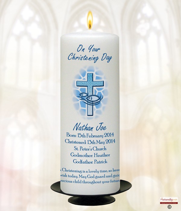 Cross & Fish Boy Christening Candle