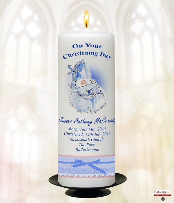 Cradle & Bow Boy Christening Candle