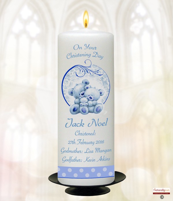 Teddy & Bubbles Blue Christening Candle