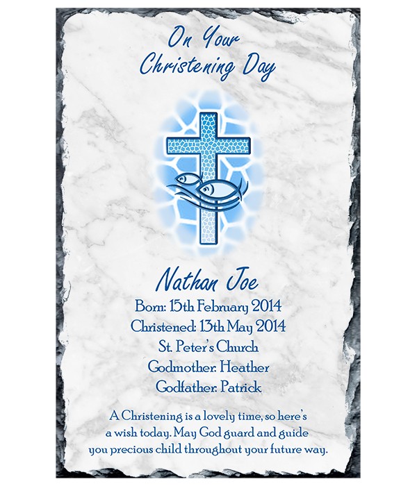 Cross & Fish Boy Christening Slate