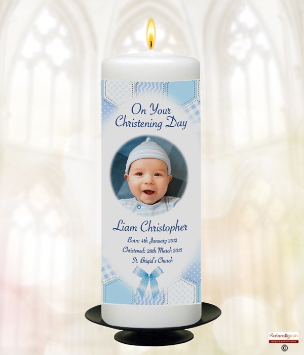 Dots & Ribbons Photo Boy Christening Candle