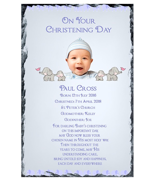Elephant Family Boy & Photo Christening Slate