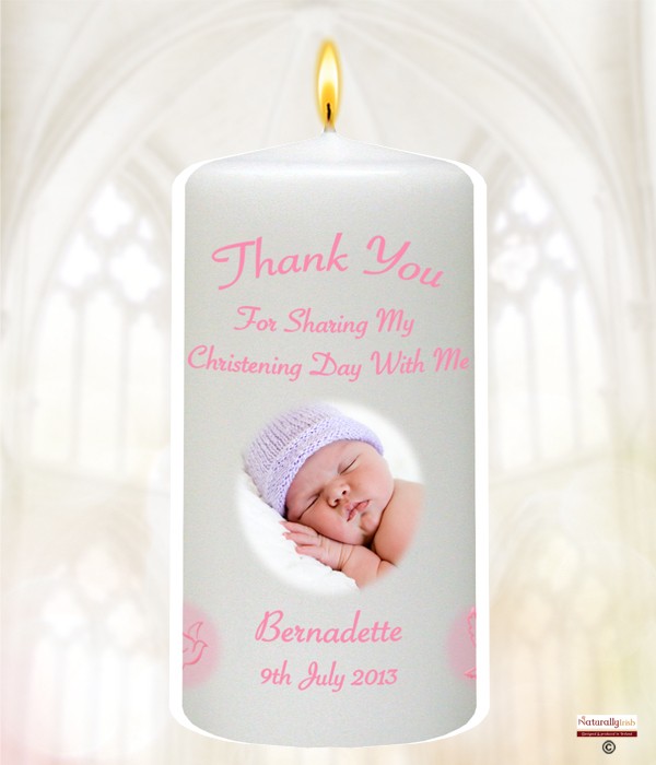 Christening Flying Dove Pink & Photo Favour Candle
