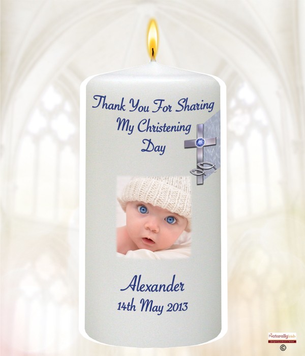 Cross & Fish & Photo Blue Favour Candle