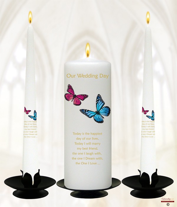 Butterflies Pink & Blue Gold Wedding Candles