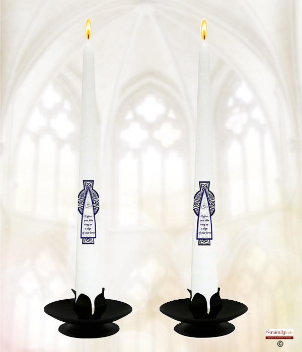 Celtic Cross Navy Silver Wedding Set of Taper Candles White 