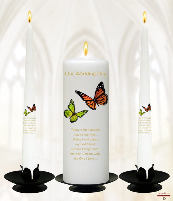 Butterflies Orange & Green Gold Wedding Candles