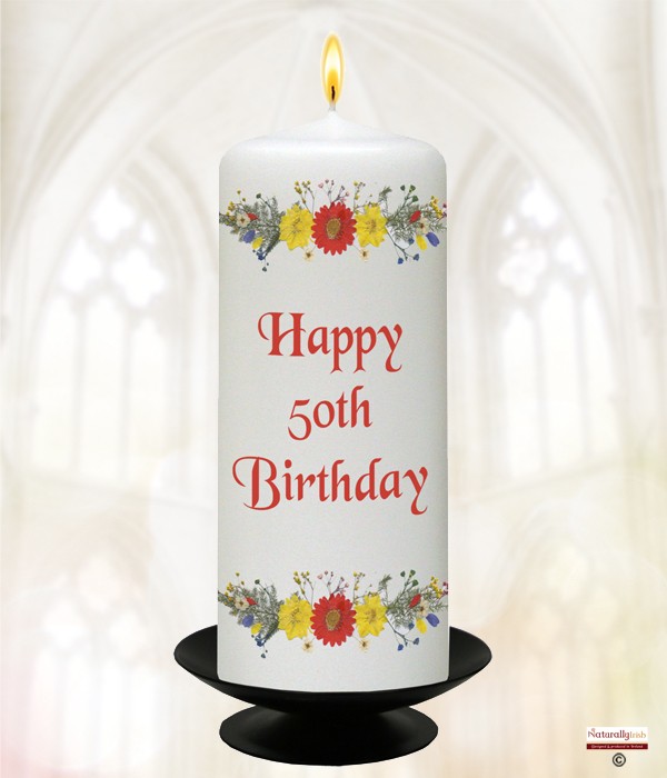 50th Birthday Daisies Candle (White) 6 inch