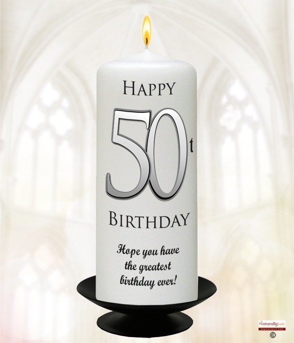 50th Birthday Delight Silver 6inch Candle (White/Ivory)
