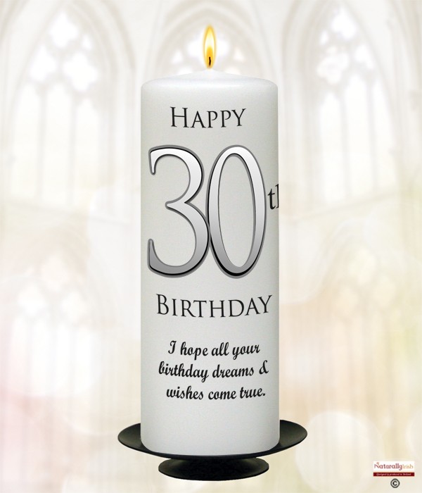 30th Birthday Delight Silver 9inch Candle (White/Ivory)