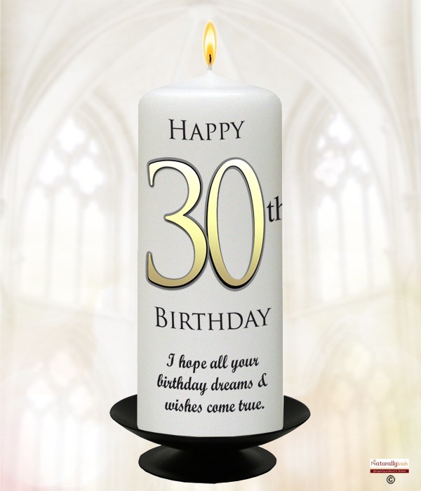 30th Birthday Delight Gold 6inch Candle (White/Ivory)