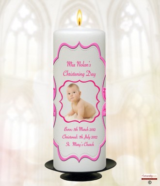 Scroll Pink Christening Candle (White/Ivory)