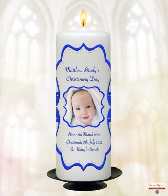 Scroll Blue Christening Candle (White/Ivory)