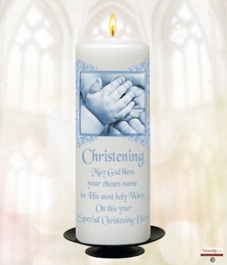 Christening Hands Blue Christening Candle (White/Ivory)
