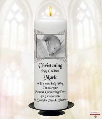 Christening Hands Black Photo Christening Candle (White/Ivory)
