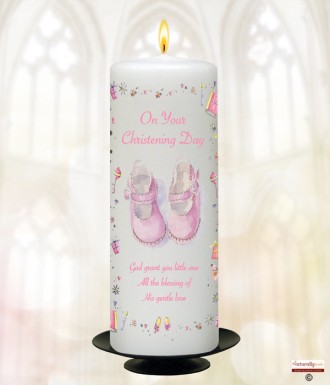 Booties Stars and Hearts Pink Christening Candle (White/Ivory)