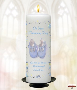 Booties Stars and Hearts Blue Christening Candle (White/Ivory)