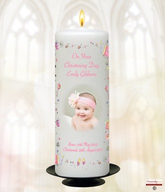 Stars and Hearts Pink Photo Christening Candle (White/Ivory)