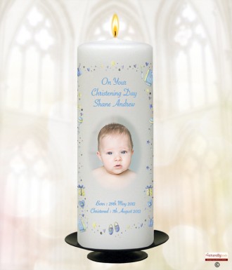 Stars and Hearts Blue Photo Christening Candle (White/Ivory)