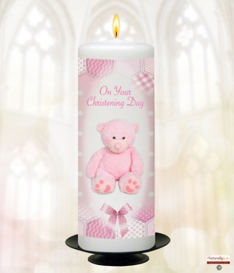 Dots and Ribbons Teddy Pink Christening Candle (White/Ivory)