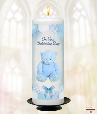 Dots and Ribbons Teddy Blue Christening Candle (White/Ivory)