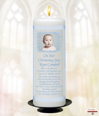 Gingham Feet Blue Photo Christening Candle (White/Ivory)