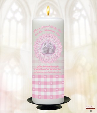 Booties Lace and Gingham Pink Christening Candle (White/Ivory)