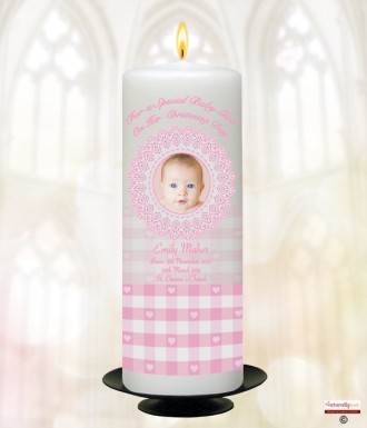 Booties Lace and Gingham Pink Photo Christening Candle (White/Ivory)