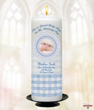 Booties Lace and Gingham Blue Photo Christening Candle (White/Ivory)