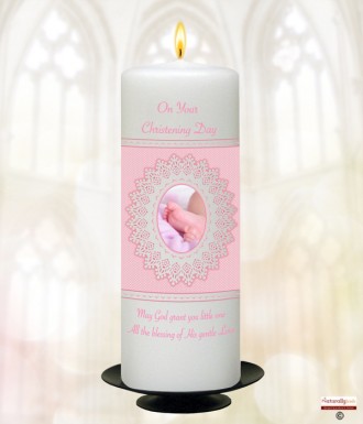 Lace and Feet Pink Christening Candle (White/Ivory)