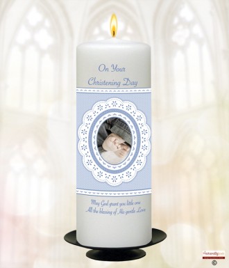 Lace and Feet Blue Christening Candle (White/Ivory)
