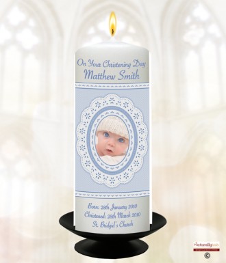 Lace and Feet Blue Photo Christening Candle (White/Ivory)