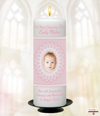 Lace and Photo Pink Christening Candle (White/Ivory)