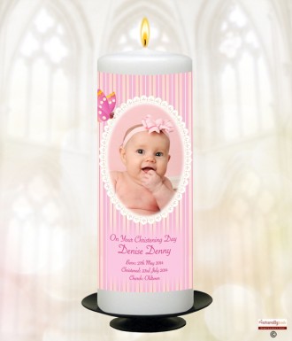 Butterfly and Photo Pink Christening Candle (White/Ivory)