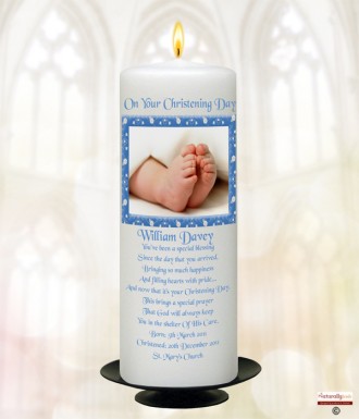 Elegant Frame and Feet Blue Christening Candle (White/Ivory)