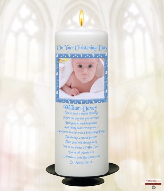 Elegant Frame and Photo Blue Christening Candle (White/Ivory)