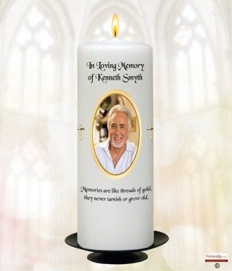 Gold Cross and Photo Memorial Candle (white/ivory)