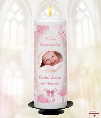Dots and Ribbons Photo Pink Christening Candle (White/Ivory)