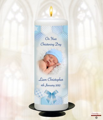 Dots and Ribbons Photo Blue Christening Candle (White/Ivory)