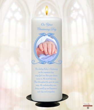 Vintage Blue Frame Hand Christening Candle (White/Ivory)