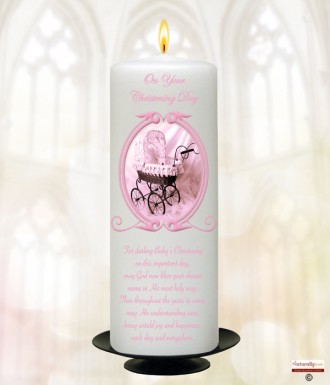 Vintage Pink Frame Pram Christening Candle (White/Ivory)