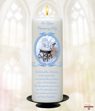 Vintage Blue Frame Pram Christening Candle (White/Ivory)