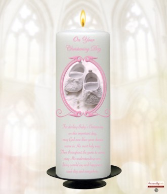 Vintage Pink Frame Shoes Christening Candle (White/Ivory)
